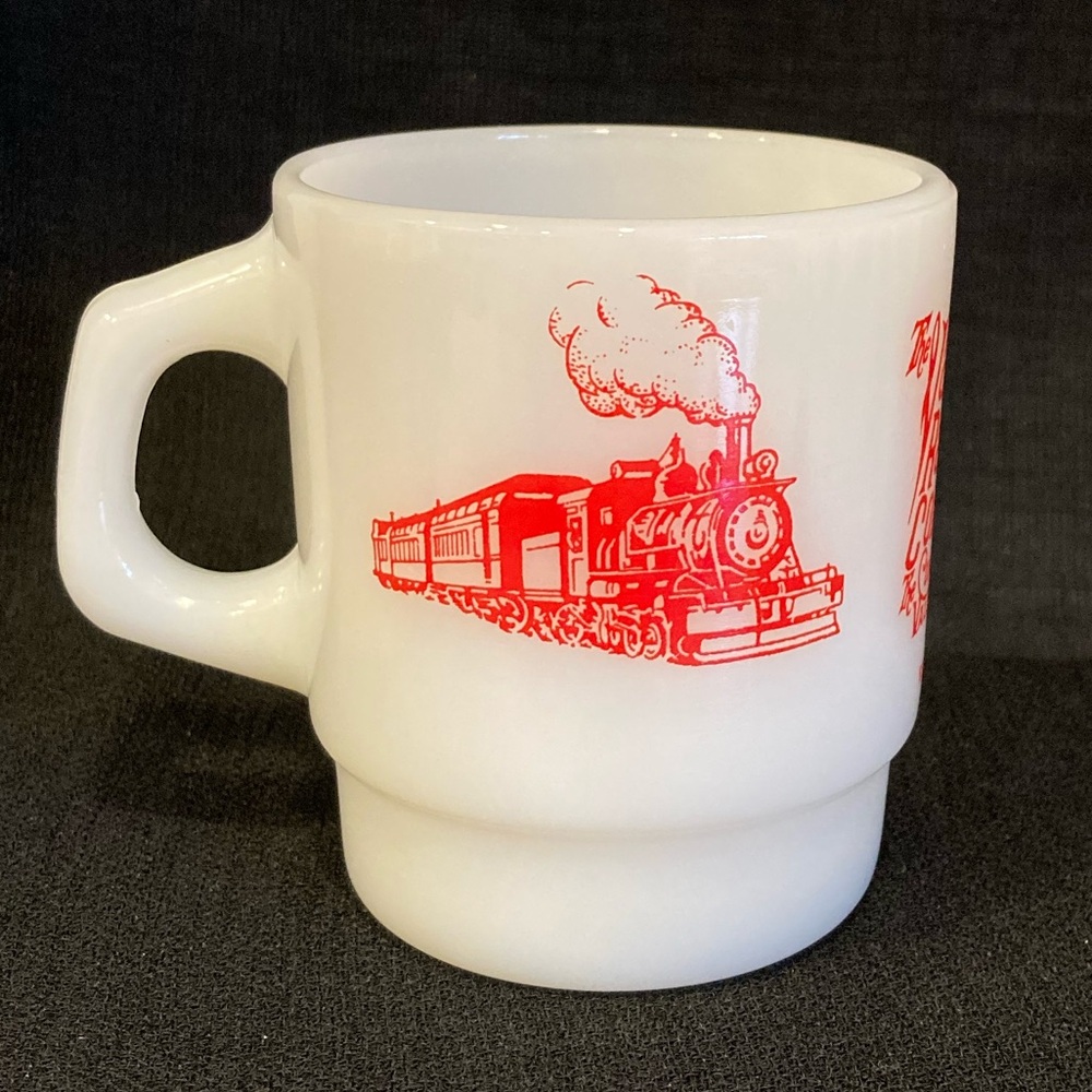 Fire-King Valley Railroad Mug – Vintage Milk Glass Anchor Hocking Promo